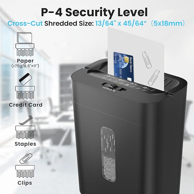 6-Sheet Shredder for Home Office, 3.43 Gallon Cross Cut Shredder, P-4 High Security Paper Shredders for Credit Card Staple Clip, Portable Handle Design