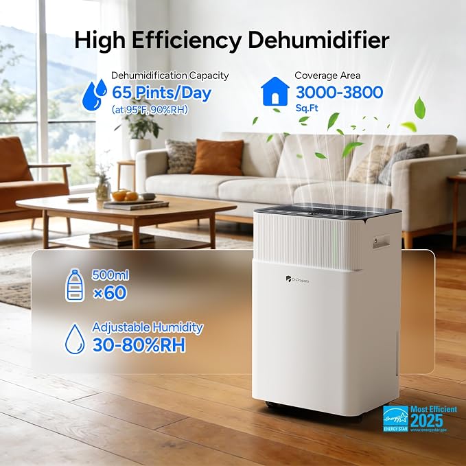 DR.PREPARE 3800 Sq.Ft Energy Star Dehumidifier, Max 65 Pints, Smart Dehumidifier with App/Wi-Fi for Basement, Bedroom with Drain Hose, Intelligent Humidity Control, Dry Clothes, Sleep Mode, 24H Timer