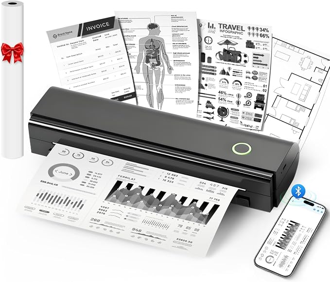 Portable Printers Wireless for Travel, N80 Wireless Thermal Printer Bluetooth Inkless Printer Support 8.5" X 11" US Letter & A4, Compatible with iOS, Laptop, Android