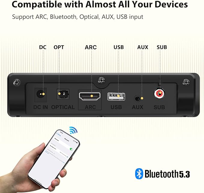 Sound Bar for Smart TV with Wired Subwoofer, 2.1 CH Small TV Soundbar Speakers, Support Bluetooth 5.3/ARC/Optical/AUX/USB Connectivity, S100 Pro, Black