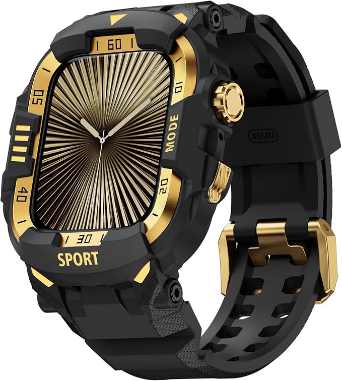 DABAOZA Rugged Case with Band Compatible with Apple Watch 46mm, for iWatch Series 11/10,Military Grade Shockproof Bumper and Men's Tactical Heavy Duty Strap(Black/Gold,46MM)