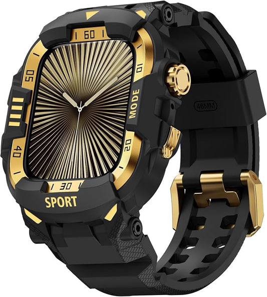 DABAOZA Rugged Case with Band Compatible with Apple Watch 46mm, for iWatch Series 11/10,Military Grade Shockproof Bumper and Men's Tactical Heavy Duty Strap(Black/Gold,46MM)