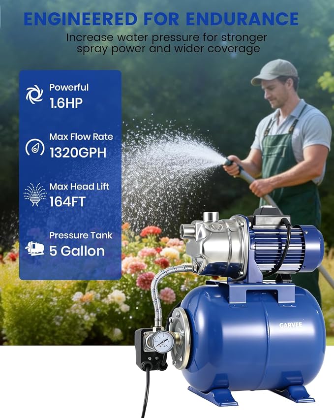 Powerful 1.6HP Shallow Well Pump with Pressure Tank, 1320GPH High Flow, 164ft Max Head, Stainless Steel Construction, Auto Pressure Switch - Ideal for Home/Farm/Garden/Yard Water Supply (Blue)