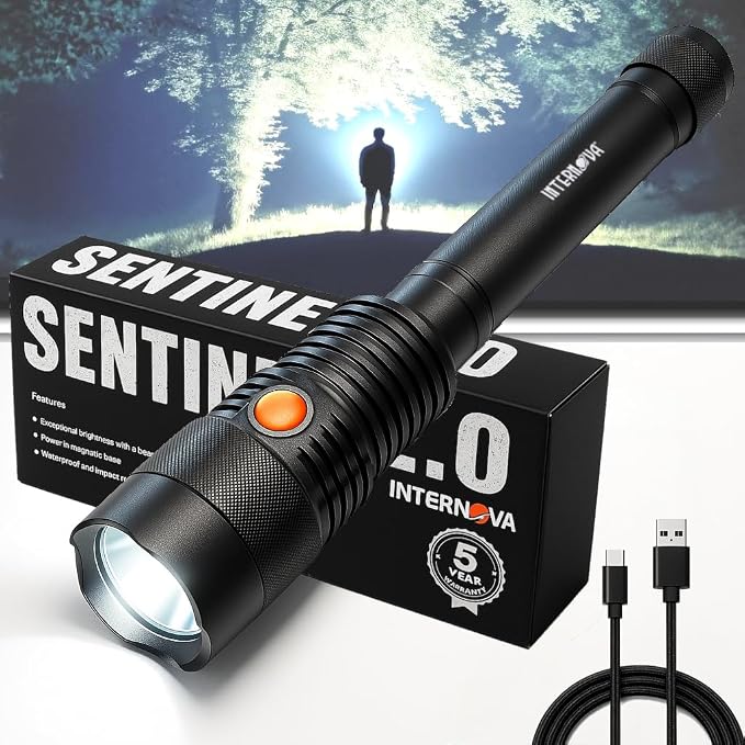 INTERNOVA® Sentinel 2000 Lumen Rechargeable Flashlight 10.5 Inches - LED Flashlight Includes USB Cord & Magnetic Sealed Gift Box