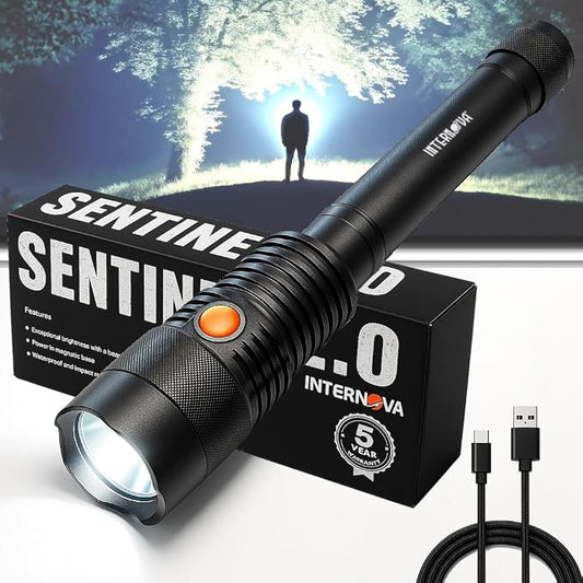 INTERNOVA® Sentinel 2000 Lumen Rechargeable Flashlight 10.5 Inches - LED Flashlight Includes USB Cord & Magnetic Sealed Gift Box
