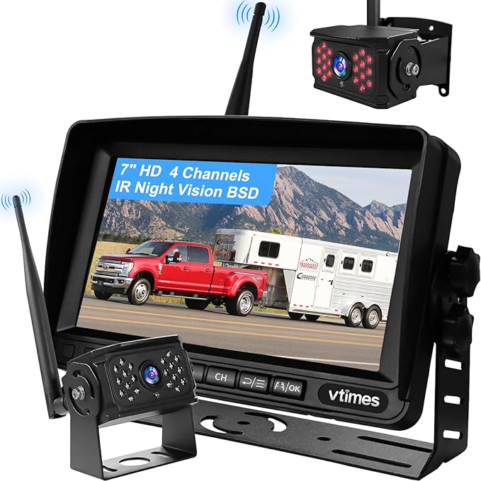 VTimes Wireless Backup Camera for Trucks, RV Backup Camera with 7" HD Monitor, 4 Channels Split Screen, BSD Alert, 984ft Signal Range, IP69K Waterproof IR Night Vision Wide Angle, DIY Guide Lines