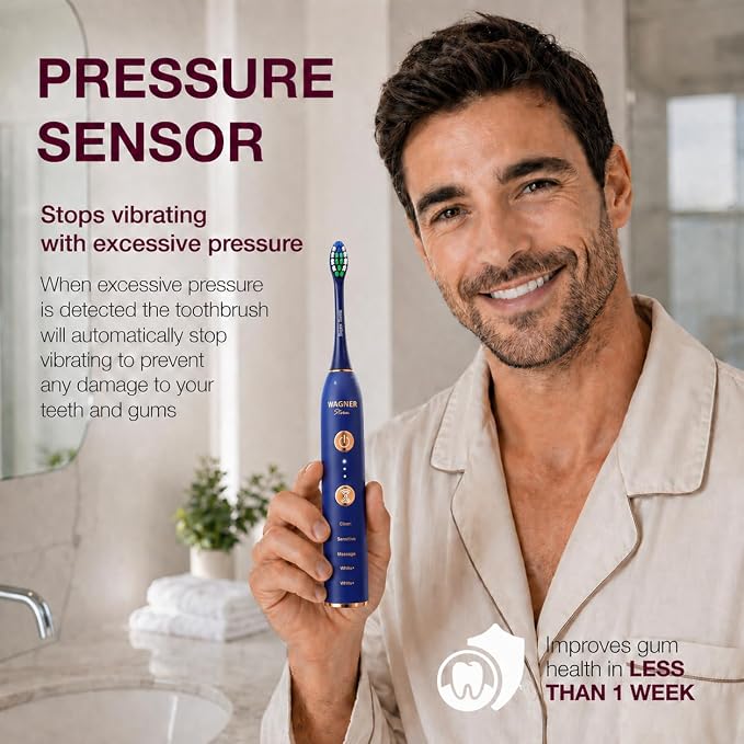 Wagner Stern WHITEN+ Electric Toothbrush, 48,000 VPM, Pressure Sensor, 5 Modes, 8 Brush Heads, Travel Case