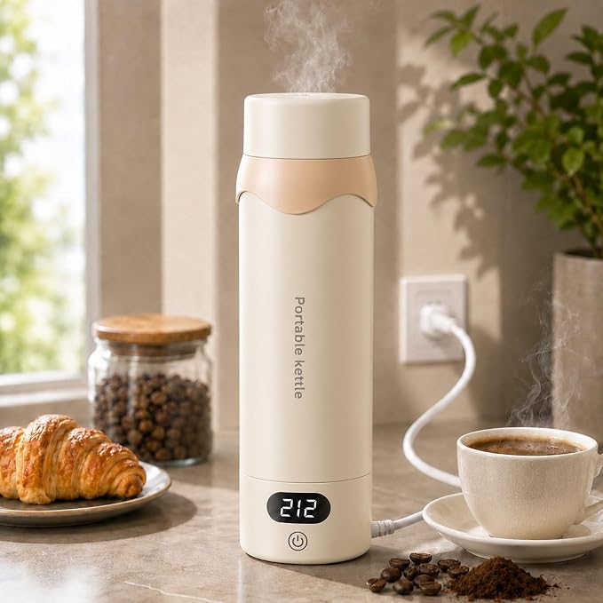 Insulated Stainless Steel Electric Kettle Small, Smart Water Bottle with 4 Temperature Control, Leak-Proof, Mini Travel Essentials Portable Office Gifts for Tea Lovers, Cream