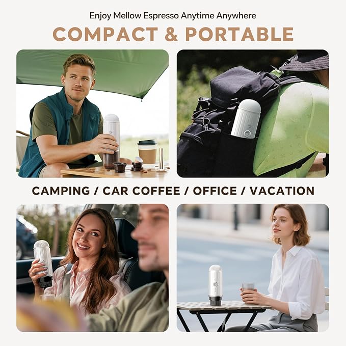 i Cafilas Portable Espresso Machine Self-Heating | Battery Powered Coffee Maker for Camping without Electricity| 2-in-1 Ground Coffee&NS Capsule|19 Bar| USB-C Fast Charge| White Coffee Maker for Car