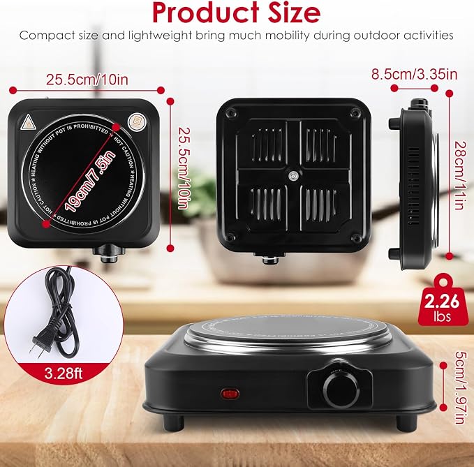 1200W Electric Infrared Single Burner Portable Heating Hot Plate Stove Countertop RV Hotplate with 7.5” Glass Cooktop Stepless Temperature Adjustments for Home RV Camp