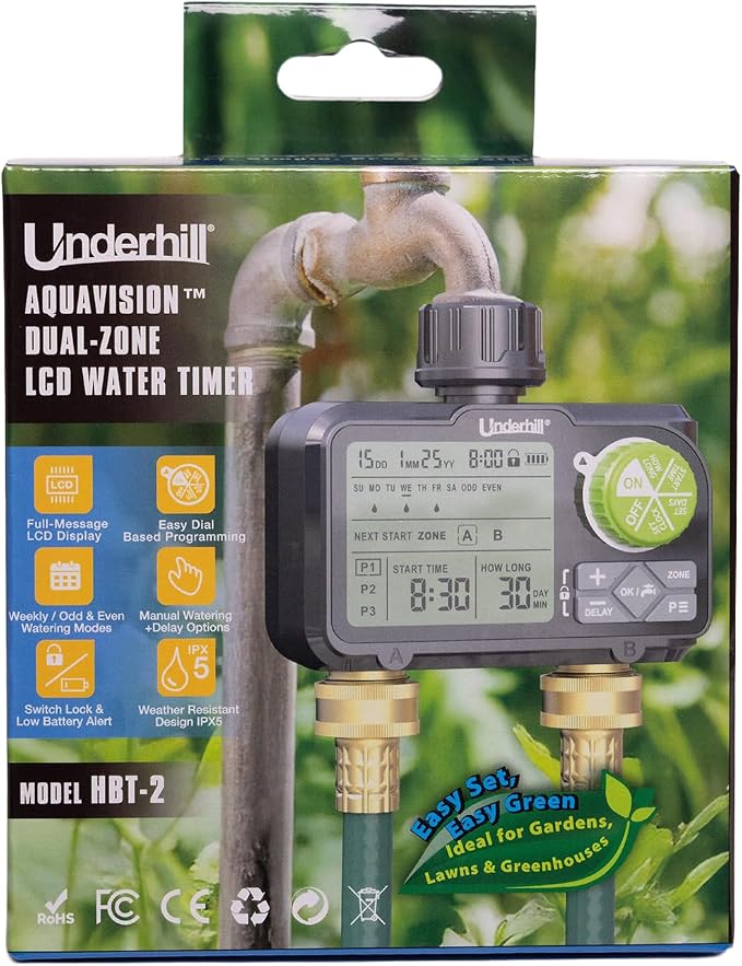 Underhill AquaVision Digital Hose Timer, Dual Zone Automatic Garden Water Timer with LCD Display, Programmable Irrigation Controller for Sprinklers, Drip Systems & Garden Hose Faucets