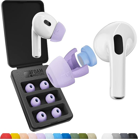 Ultra-Premium Silicone-Memory Foam Ear Tips for AirPods Pro 1st and 2nd Gen | Ultra Secure for Athletes | Comfortable | Better Sound | by Foam Masters SportMagic (Light Purple, Assorted S/M/L)