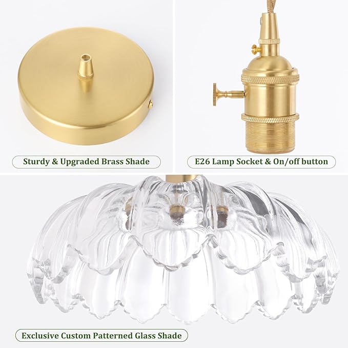 Shenmoyl Pendant Light with Clear Scindapsus Glass Lmapshade, Brass Vintage Pendant Light Adjustable Hanging Light for Kitchen Island Dining Room Hallway