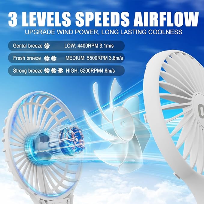 QQT Mini Handheld Fan, Small Personal Cooler with 3 Speeds, Portable Battery Operated, USB Rechargeable Makeup Eyelash Dryer, Strong Airflow for Travel, Office, Outdoor, Women, Men, and Kids(White)