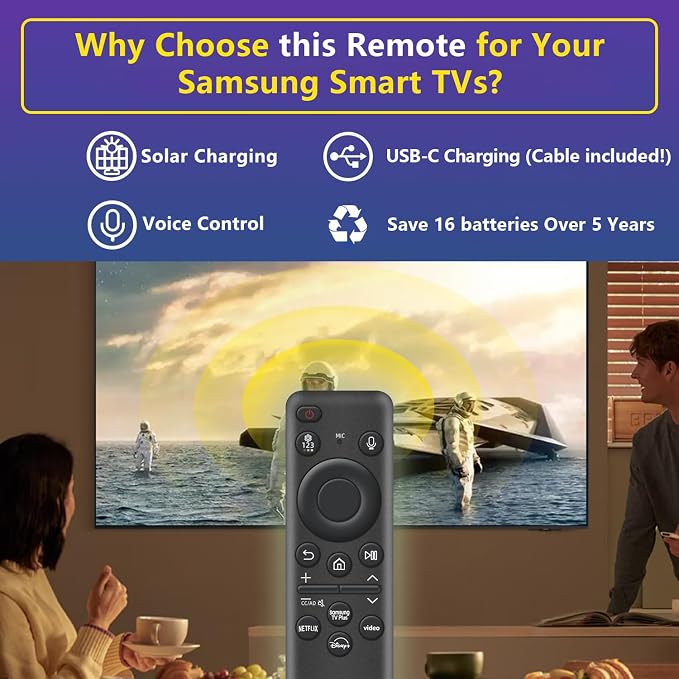 Rechargeable Voice Remote for Samsung Smart TVs, Replacement for 2019–2026 Samsung TV Remote Control with Solar Charging and Voice Search. 2-Year Warranty.