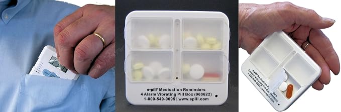 e-Pill 4 Alarm Pocket Pill Organizer and Medicine Pillbox with Pill Reminder - Vibrates and/or Beeps - Fits in Shirt Pocket