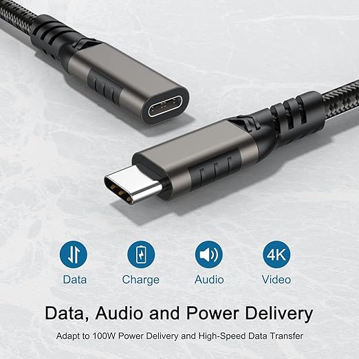 USB C Extension Cable 6.6ft USBC Male to Female Cord Support 4K Video Output, Fast Charge 100W, Data Transfer 10Gbps, USB 3.2 Gen 2 Extender for PC, Monitor, Carplay,Phone,Arzopa, KKY, SSD,Switch,Dock