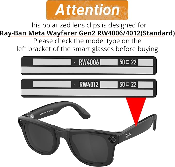 HiBloks 4Pcs Polarized Clip for Ray-Ban Meta Wayfarer & Gen 2 (RW4006/RW4012 Standard 50-22), Shiny Black Frame Discoloration Clip-on Set for Rayban Meta Gen 2 Smart Glasses (Black+Green+Silver+Blue)