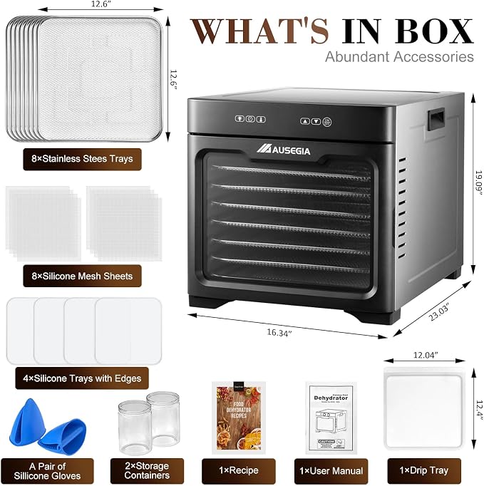 Commercial Large Food Dehydrator, Usable Area up to 9 ft², 800W Full Stainless Steel Dryer Machine, up to 190℉ Temperature, for Meat, Fruit, Veggies, Beef, Herbs