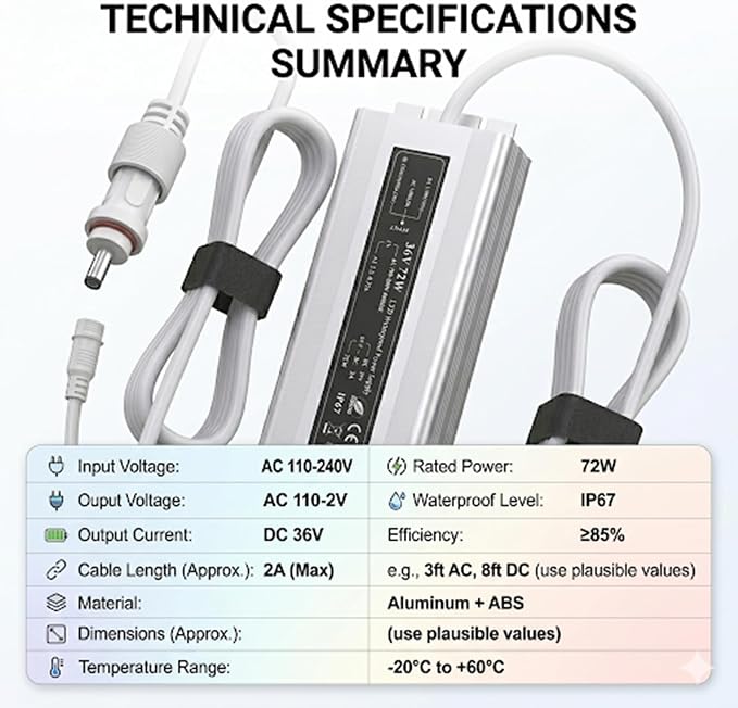 36V Waterproof Power Adapter for Govee Permanent Outdoor Lights - Compatible with H705D, H705E, H705F, H706A, H706B, H706C Models (White) Reliable Replacement Charging Cable
