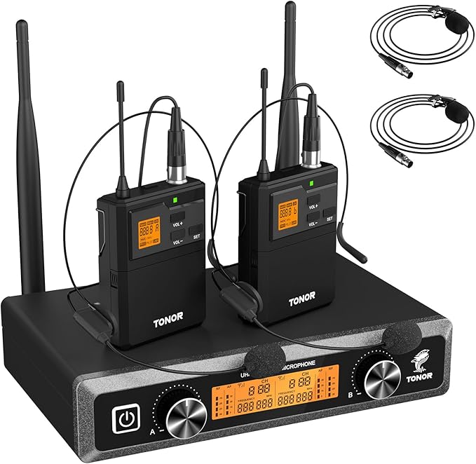 TONOR UHF Wireless Microphones System with Headset/Lavalier Lapel Mics, Bodypack Transmitter, Receiver, 2 * 15 Channels, 60 m/200ft Range for Live Singing Karaoke Church Party DJ, 2 Bodypack Mics
