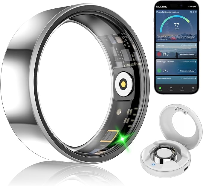 Smart Fitness and Activity Ring for Men and Women - Track Heart Rate Stress Sleep Steps and Blood Oxygen, 10ATM Waterproof Fitness Tracker for iPhone and Android, No Subscription Fee, Size 8