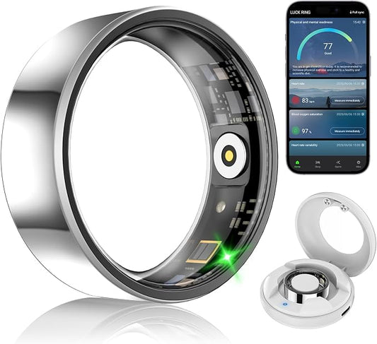 Smart Fitness and Activity Ring for Men and Women - Track Heart Rate Stress Sleep Steps and Blood Oxygen, 10ATM Waterproof Fitness Tracker for iPhone and Android, No Subscription Fee, Size 8