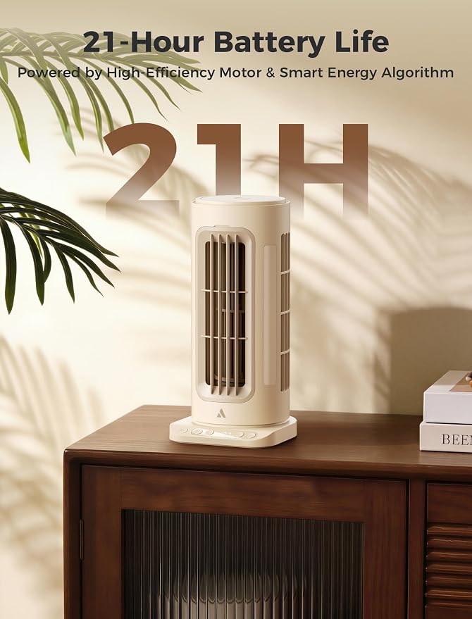Aecooly Powerful Tower Fan for Bedroom,8000mAh Battery, 21H Max Cooling with Remote Control, 100 Speeds, 1-12H Timer, 60° Oscillation,11 Inch Portable Desk Fan for Home,Office - Beige