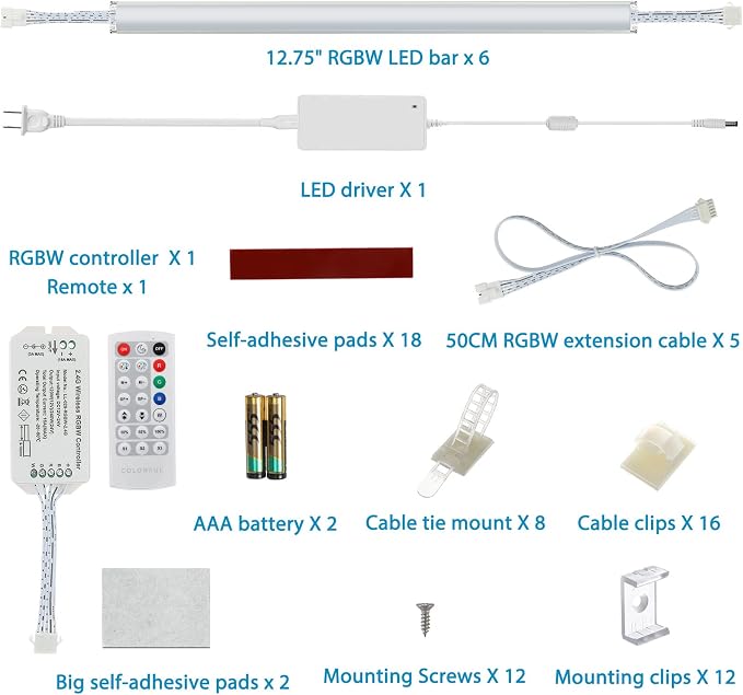 Litever Under Cabinet LED Lighting Kit. RGB Color & Bright Warm White Light. Slim Linkable LED Light Bars with Power Adapter, Controller, Extension Cords. Max 24W. Dimmable. Plug in. RGB + 3000K.