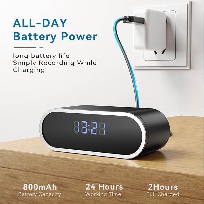 Wireless WiFi Security Camera, Nanny Cam for Home, Indoor Camera with Clock with App Control, AI Motion Detection, Loop Recording, Night Vision, Local & Cloud Storage, Easy to Use