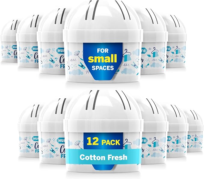 HUMYDRY Moisture Absorber Device, Mini Pack of 12 2.6oz, Up to 4-6 Weeks Humidity Control, Fights Summer Humidity, Small Space Dehumidifier & Air Freshener, Fresh Cotton Scent, Non Electric