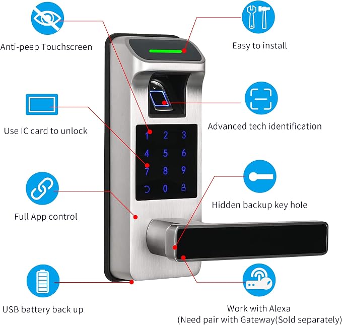 Fingerprint Door Lock, Heavy Duty Full APP Control Touchscreen Keypad Keyless Lock with Reversible Handle, Perfect for Home/Office/Bedroom Doors (Satin Nickel)