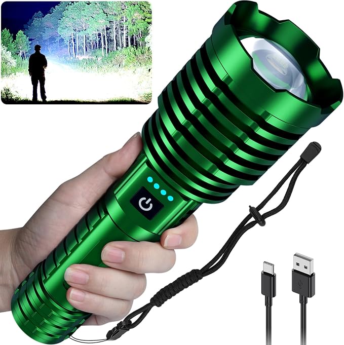 Rechargeable Flashlight 100,000 High Lumens, Super Bright Flashlights Powered by Battery, Handheld Waterproof Tactical LED Flashlight-Zoomable 5 Modes-31H Runtime for Emergency Camping (Green)