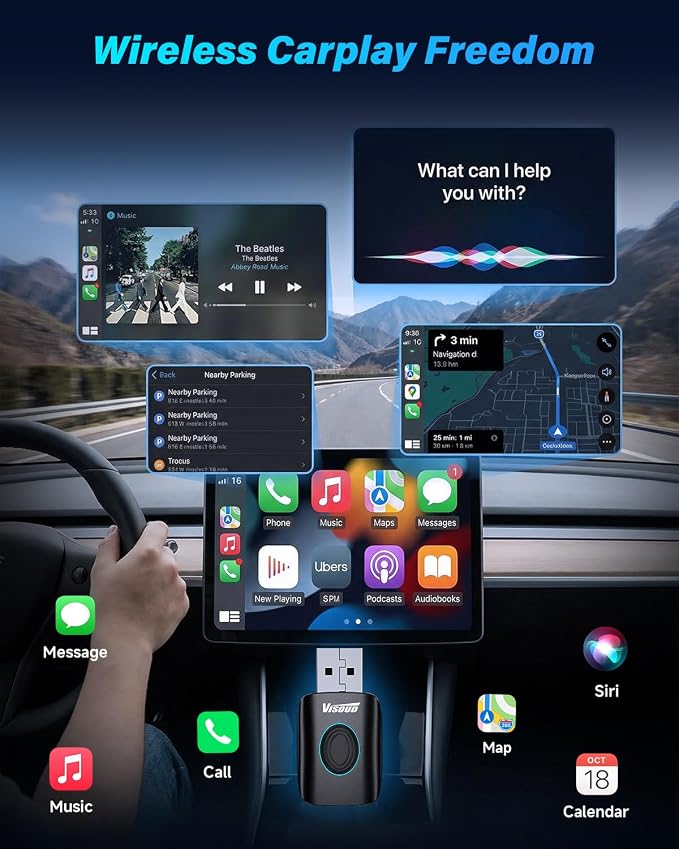2026 One-Click Disconnect Bluetooth Carplay Adapter, A9 Chip, 3s Auto Connect, WiFi5.8 BT5.8, Wired to Wireless, Dual Phone Switching, iOS10+/Android 10+, Fits OEM Wired CarPlay Cars