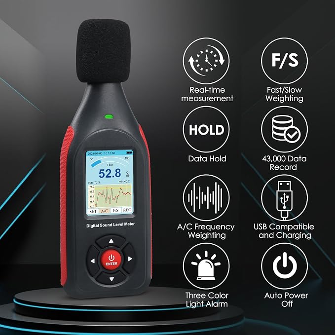 Decibel Meter Digital Sound Level Reader,Data Logger Sound Decibel Meter with 43,000 Data Record Function, 3-Color Alarm, A/C Frequency&DC Output, 30-130dB Portable Noise Meter for Home, Factory