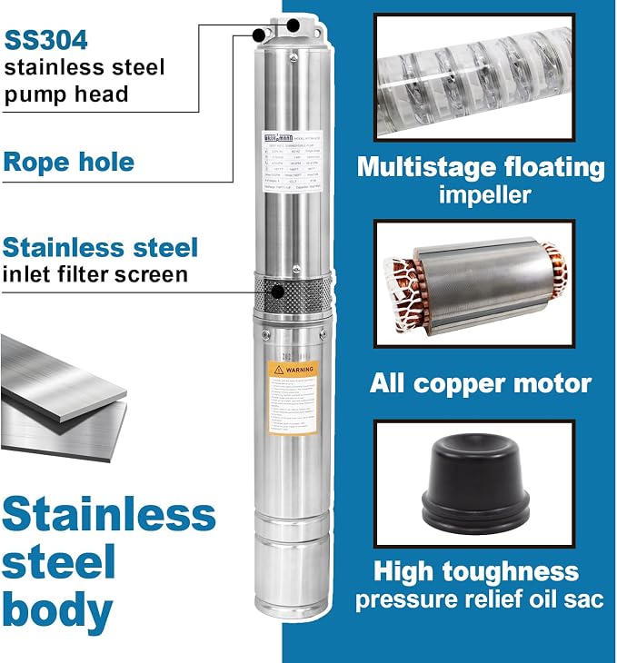 WASSERMANN 4" Deep Well Submersible Pump with 10FT Cable, 1HP, 230V/60HZ, 33GPM, 190FT Head, Stainless Steel Submersible Well Pumps Borehole Water Pump for Home, Factories, Irrigation, Farmland