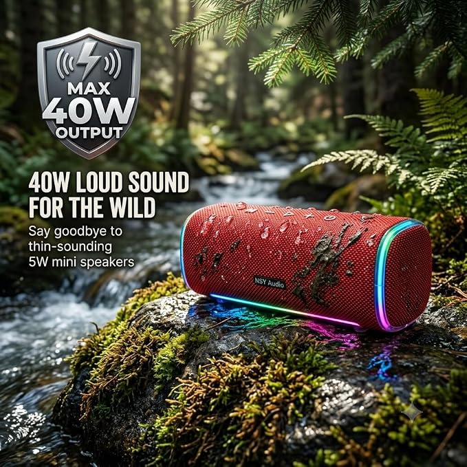 Portable Outdoor Bluetooth Speaker for Camping Showers, IPX7 Waterproof Floating, 25H Playtime, Interacitve Tap-to-Play Drum Beats, RGB Lights for Sports, Hiking, Party, Red