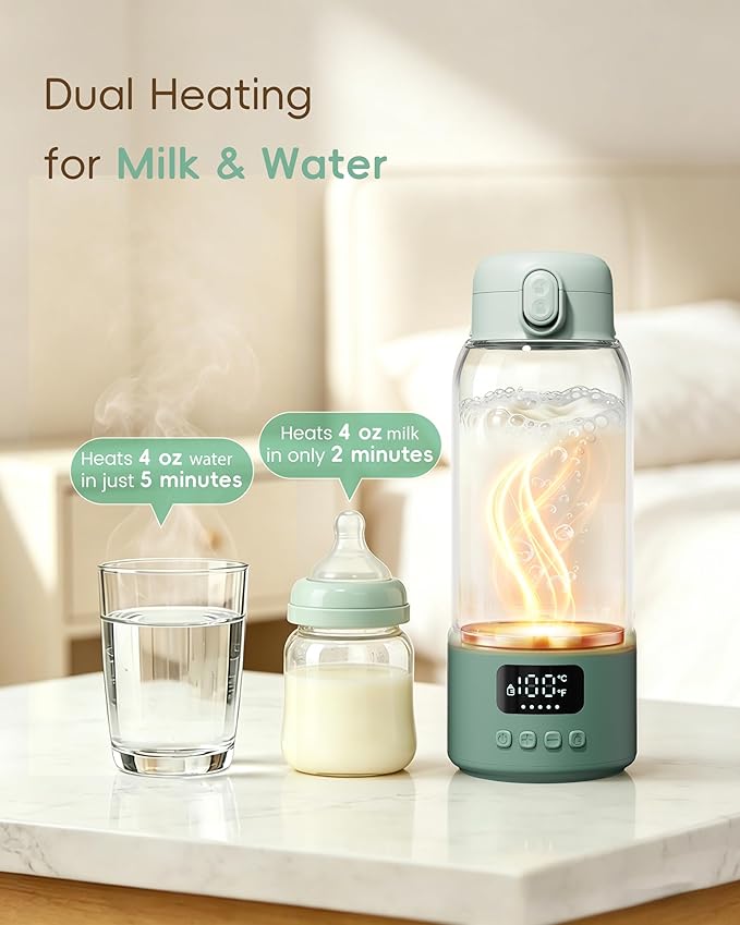 Portable Bottle Warmer for Travel, 17oz Large Capacity, 2-Min Fast Heating, Keep Warm Function, Long Battery Life, Ideal for Heating Breast Milk and Water On-the-Go, Green