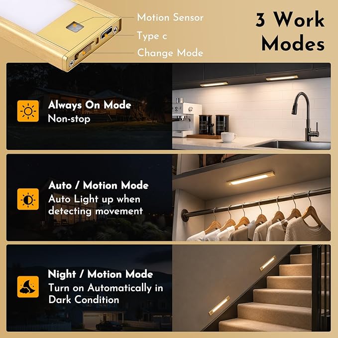 V4light Under Cabinet Light, Rechargeable Magnetic LED Bar with 1800mAh, Gold Aluminum Motion Sensor Lighting Indoor, Dimmable 3 Color Temperatures for Kitchen, Closet, Shelf & Stair (9 in)