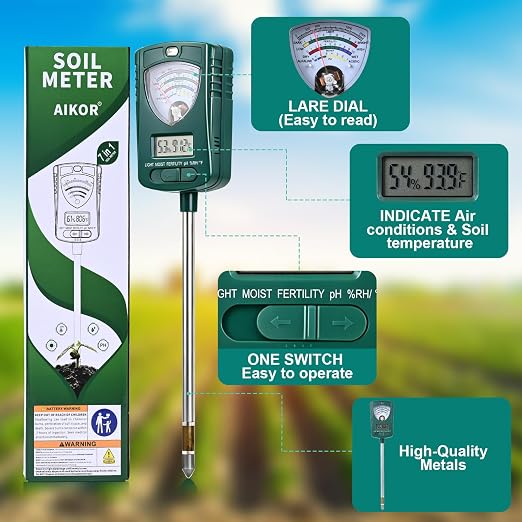 AIKOR 7-in-1 Soil Tester Measures Soil Moisture, pH, Fertility, Light Intensity, Soil Temp, air Temp & Humidity. Pointer & LCD Display. for Garden, Farm, Lawn, Indoor/Outdoor Plant Monitoring.