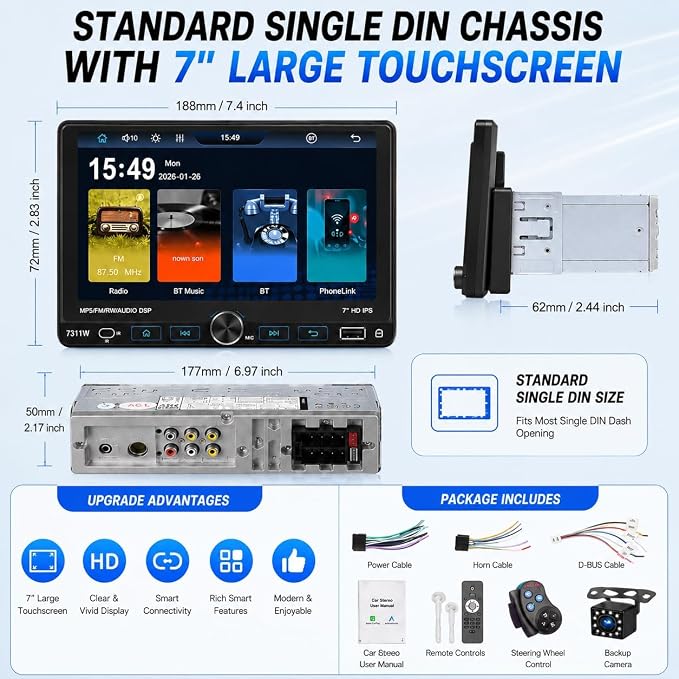 7" Single Din Car Stereo with Wireless Apple CarPlay,IPS Touchscreen,Bluetooth 5.2 Car Radio with Backup Camera,FM/AM/RDS,Android Auto,SWC,GPS Navigation,USB,Type-C Fast Charging,MIC