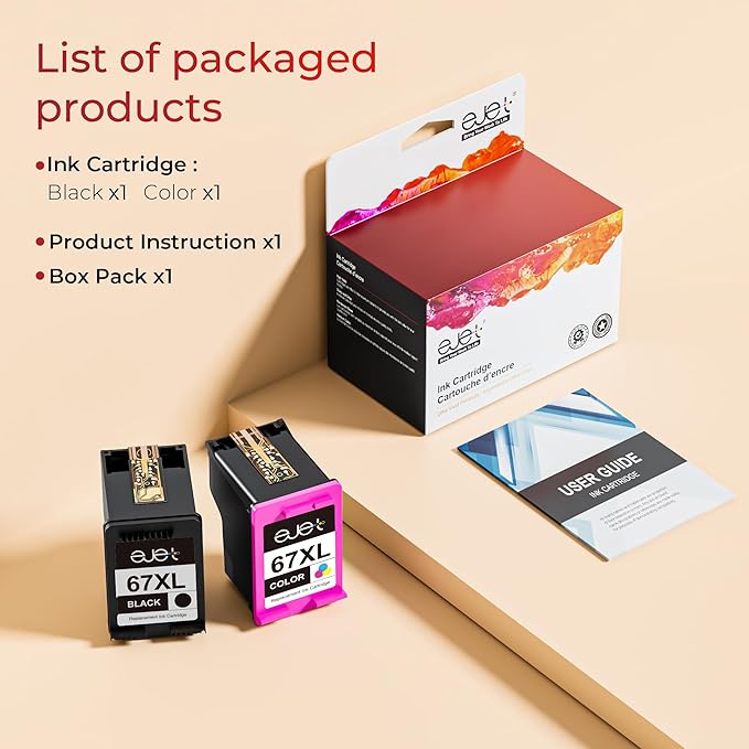 67XL Ink Cartridges Black/Color Combo Pack Compatible for HP Ink 67 67XL Works with HP Deskjet 2700 2700e 2755 2755e 2855e 2800e 2852e 2827e 4100e 4155e 4227e 4255e Envy 6055e 6455e Series (2-Pack)
