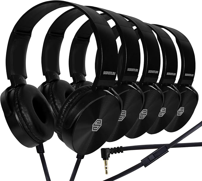 Sonitum Classroom Headphones-Bulk 10-Pack, Student On Ear Comfy Swivel Earphones for Library, School, Airplane, Kids-for Online Learning and Travel, HQ Stereo Sound 3.5mm Jack (Black with Microphone)