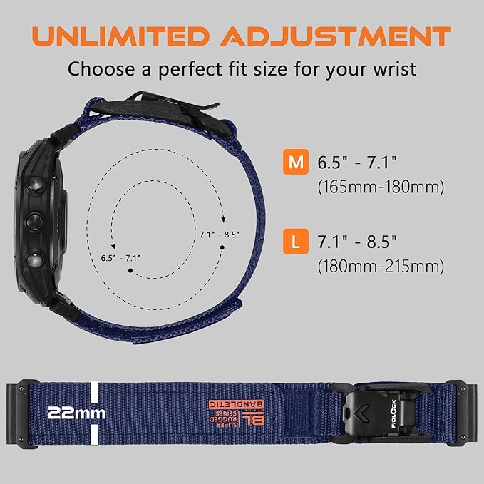 Bandletic Compatible with Garmin Instinct Watch Bands - 22mm Quick Fit Rugged Strap with Magnetic Fidlock V-Buckle for Fenix 8 47mm/7 6 Pro/5/5 Plus/Forerunner 965/945/Approach S62/S60/Quatix 7