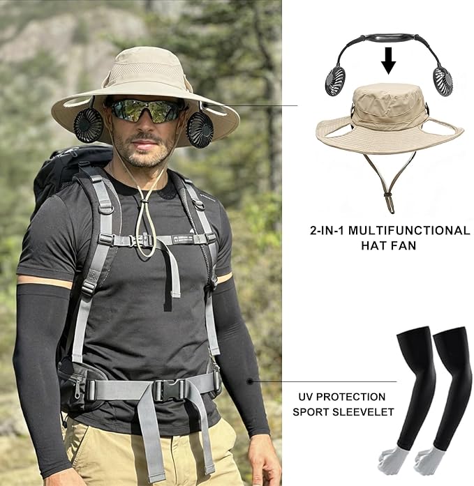 Sun Hat with Fan for Men & Women, Bucket Hat with Fan, UPF 50+ Cooling Hat with Sunblock Sleeves for Fishing,Hiking