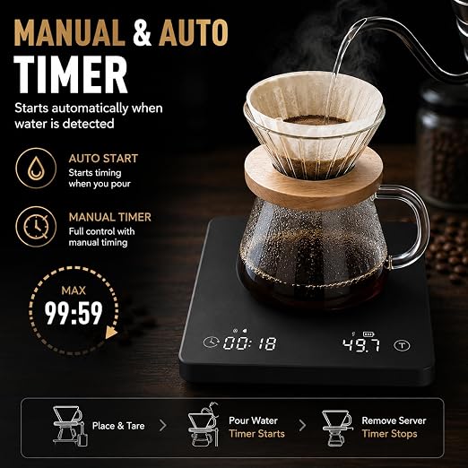 Smart Espresso Coffee Scale with Timer, 0.1g Accuracy, Flow Rate & Ratio | VIEYKEA Espresso Scale, Rechargeable Digital Pour Over Coffee Scale, G/oz/ml Unit, Auto Mode for Kitchen Home Office Travel