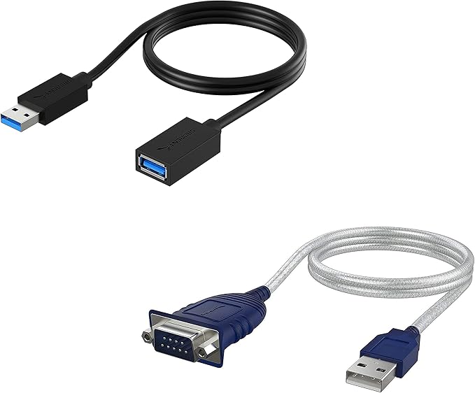 SABRENT USB to Serial (9 Pin) DB 9 RS 232 Converter Cable, Prolific Chipset, HEXNUTS+ USB 3.0 Extension Cable A Male to A Female [Black] 3 Feet