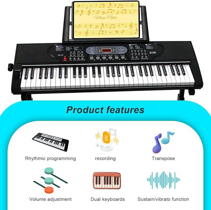 AQNIEGEP 61-Key Electric Keyboard Piano with Lighted Keys, Christmas Gifts, Premium Bundle: Stand, Bench, Mic,Headphones, Music Stand, Stickers, 70 Demos 200 Tones/Rhythms, Beginners/Adults