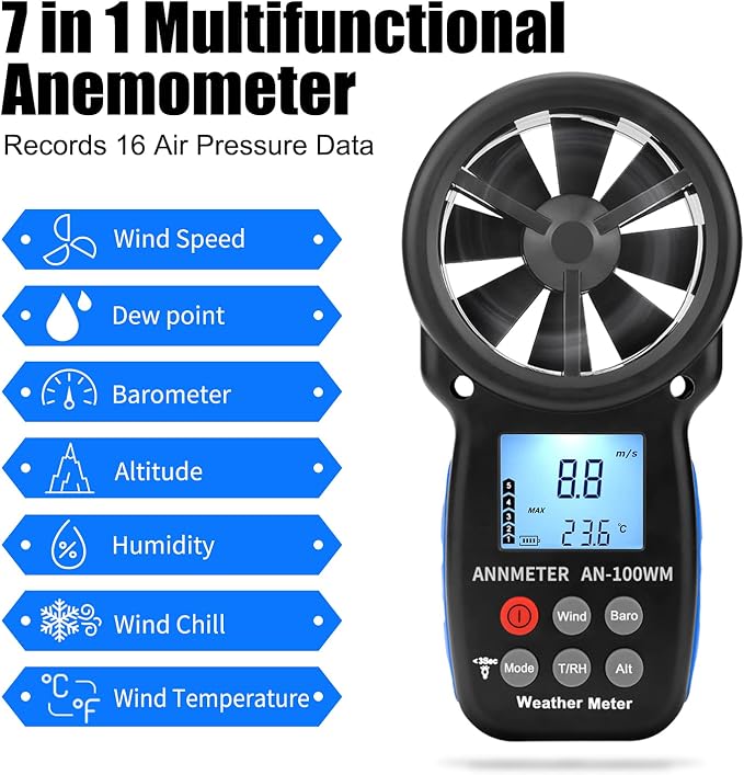 AIOMEST Handheld Anemometer AI-100WM Electronic Barometer Wind Speed Chill Temperature Meter Tester for Air Flow, Velocity, Pressure, Humidity Gauge