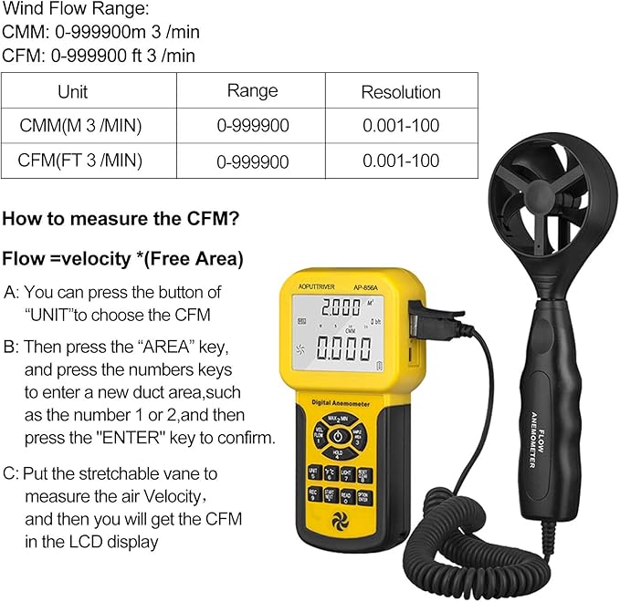 Pro HVAC Anemometer Handheld CFM Meter Wind Speed Meter with USB Data Export to PC Max/Avg/Min Functions for Measuring Wind Speed Air Velocity, Wind Temp AP-856A